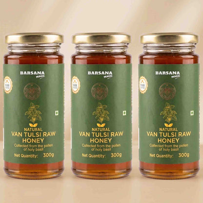 Barsana Magic and Three glass jars of Barsana Organic Natural Van Tulsi Raw Honey arranged side by side on a light beige background.