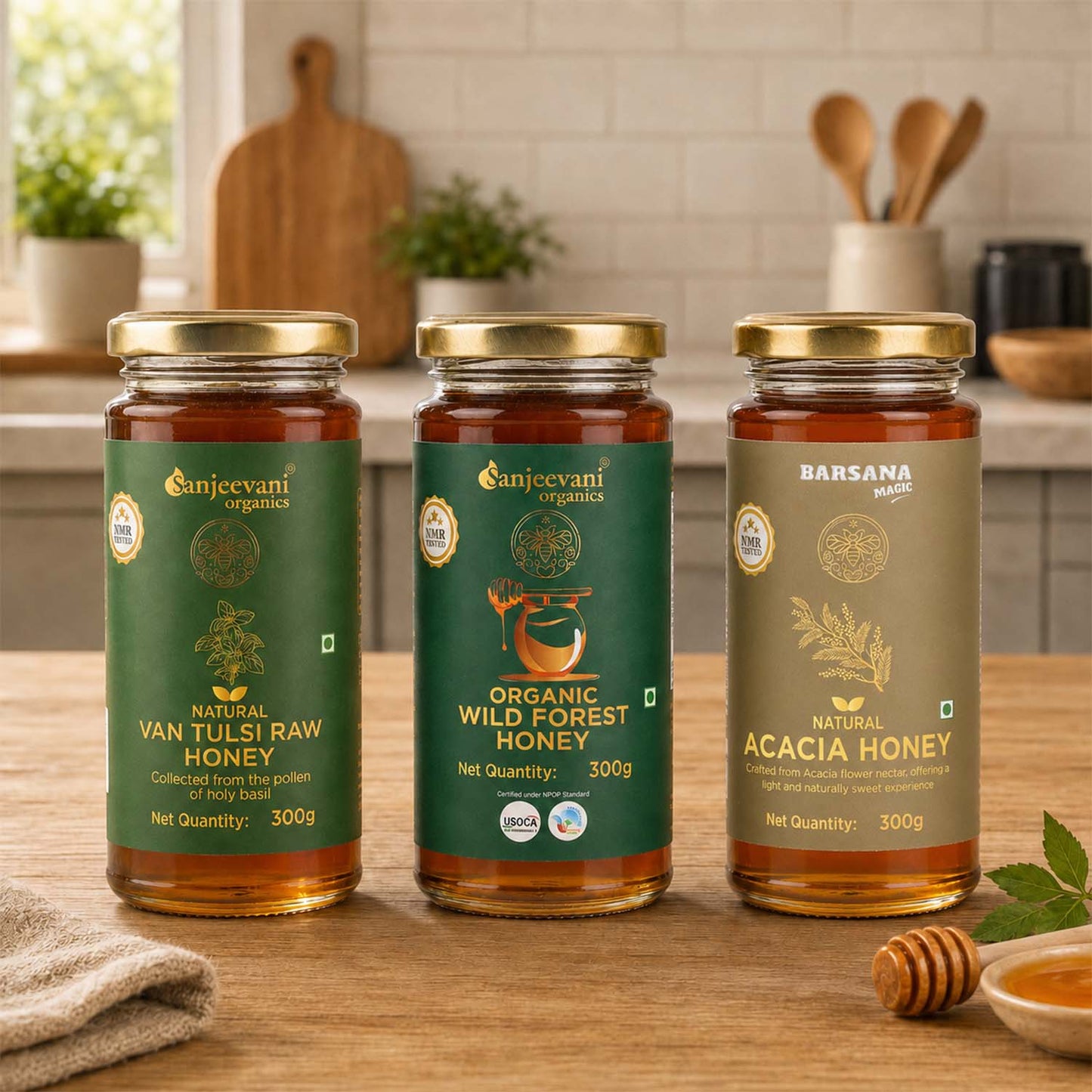 Organic Wild Forest Honey + Natural Van Tulsi Raw Honey + Acacia Honey (Pack of 3)