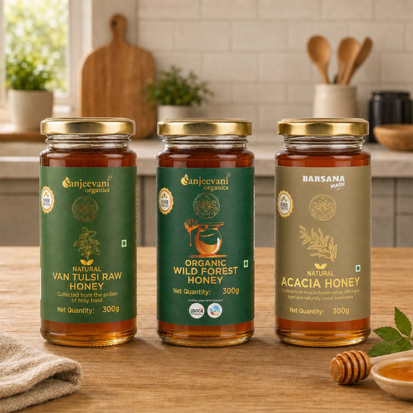 Organic Wild Forest Honey + Natural Van Tulsi Raw Honey + Acacia Honey (Pack of 3)