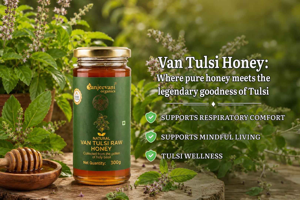 Barsana Magic and  Van Tulsi honey jar with honeycomb and tulsi leaves on a natural background