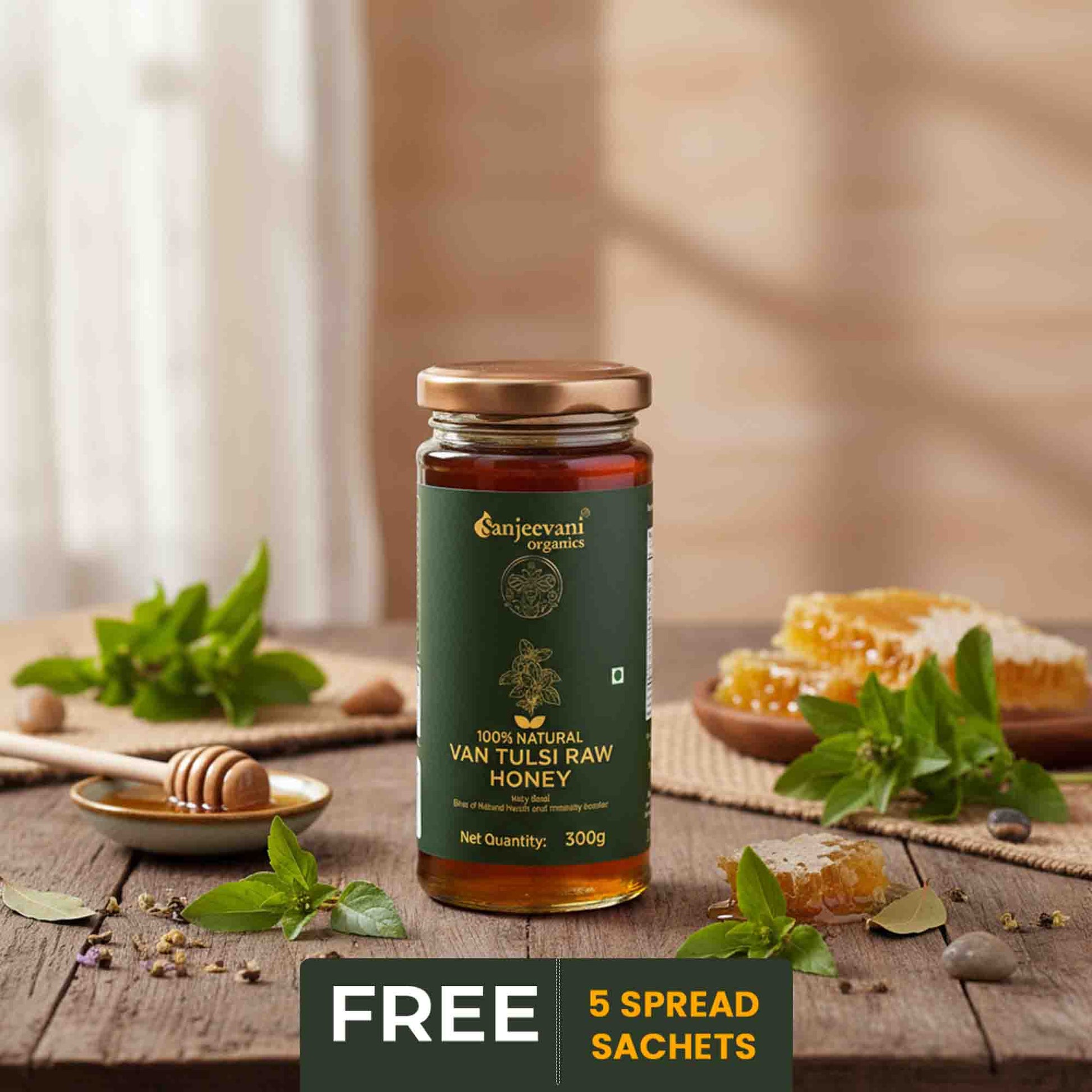 Barsana Magic and Jar of Sanjeevani Organics Van Tulsi Raw Honey on a wooden table with honeycomb and leaves.