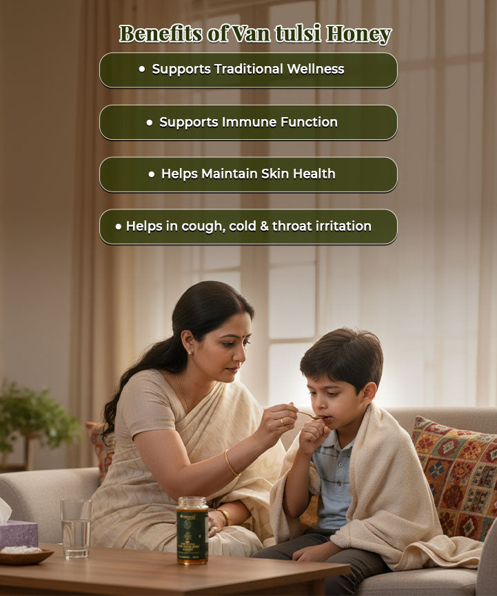 Barsana Magic and Woman feeding honey to a child with text about Van tulsi honey benefits.