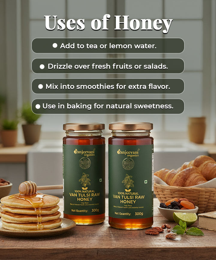 Barsana Magic and Two jars of honey on a kitchen counter with text on uses of honey.