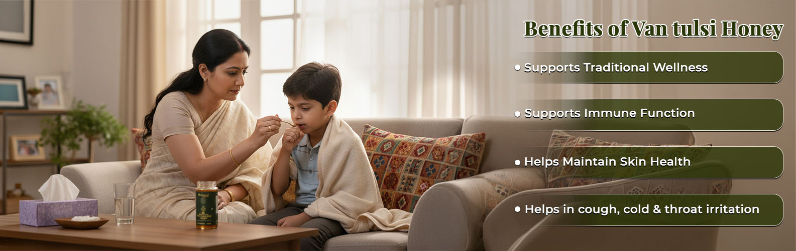 Barsana Magic and Woman and child sitting on a couch with a product display and text about Van tulsi honey benefits.