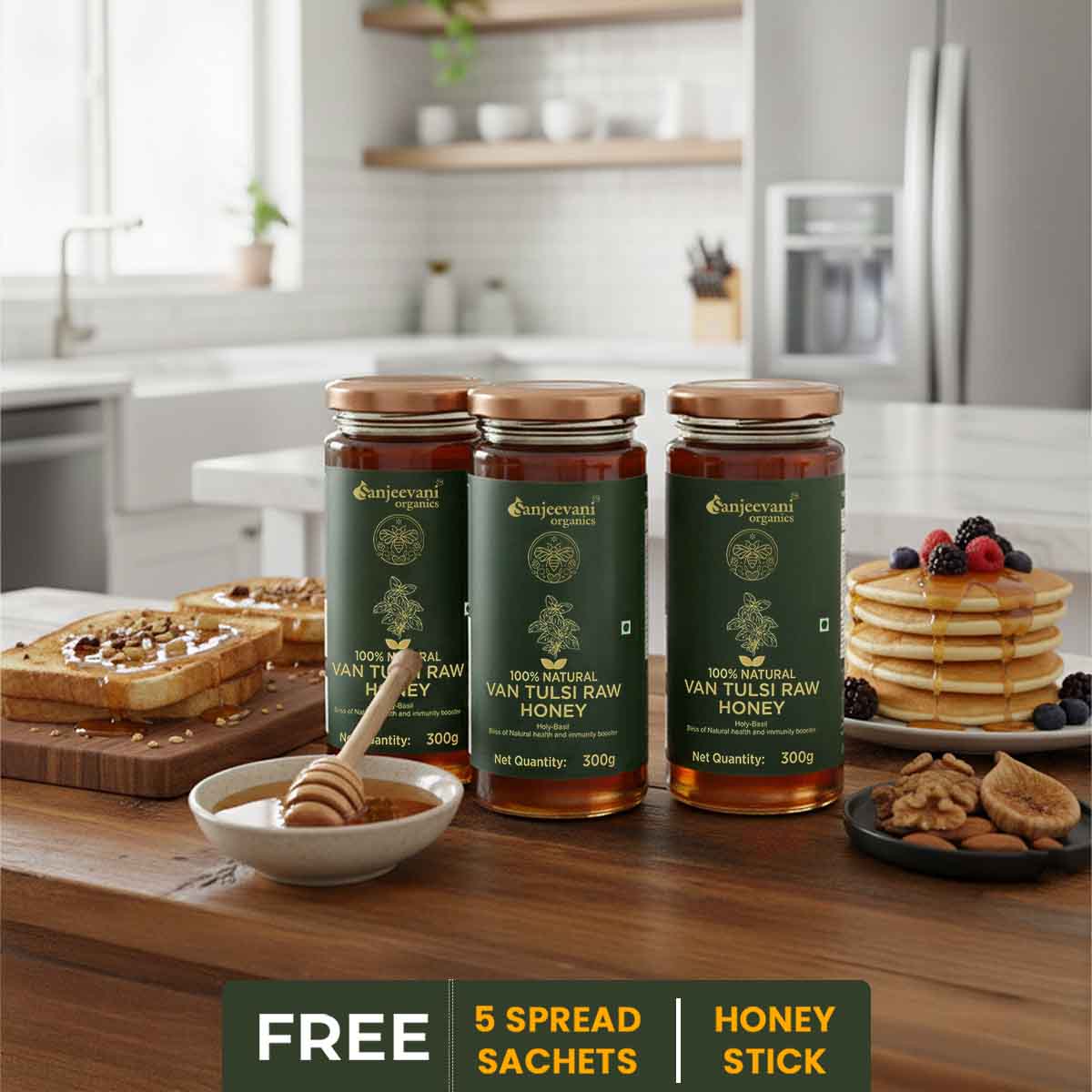 Barsana Magic and Three jars of Van Tulsii Raw Honey on a kitchen counter with pancakes and toast.