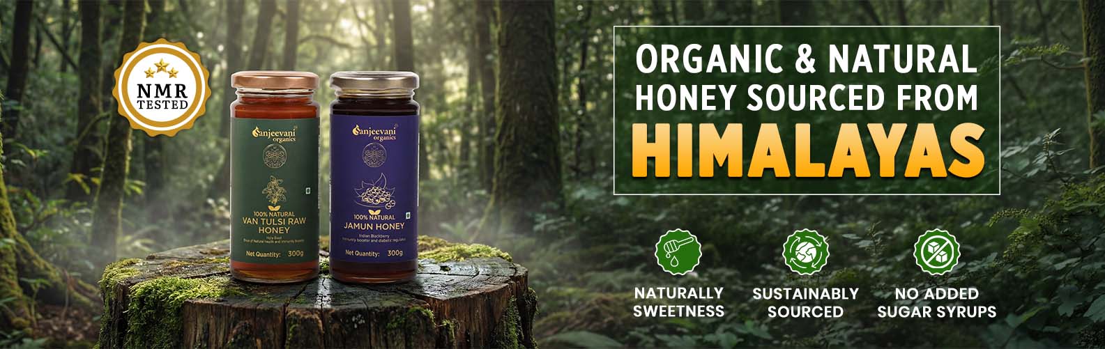 Barsana Magic and Two jars of honey on a stump with a forest background and text about organic and natural honey from the Himalayas.