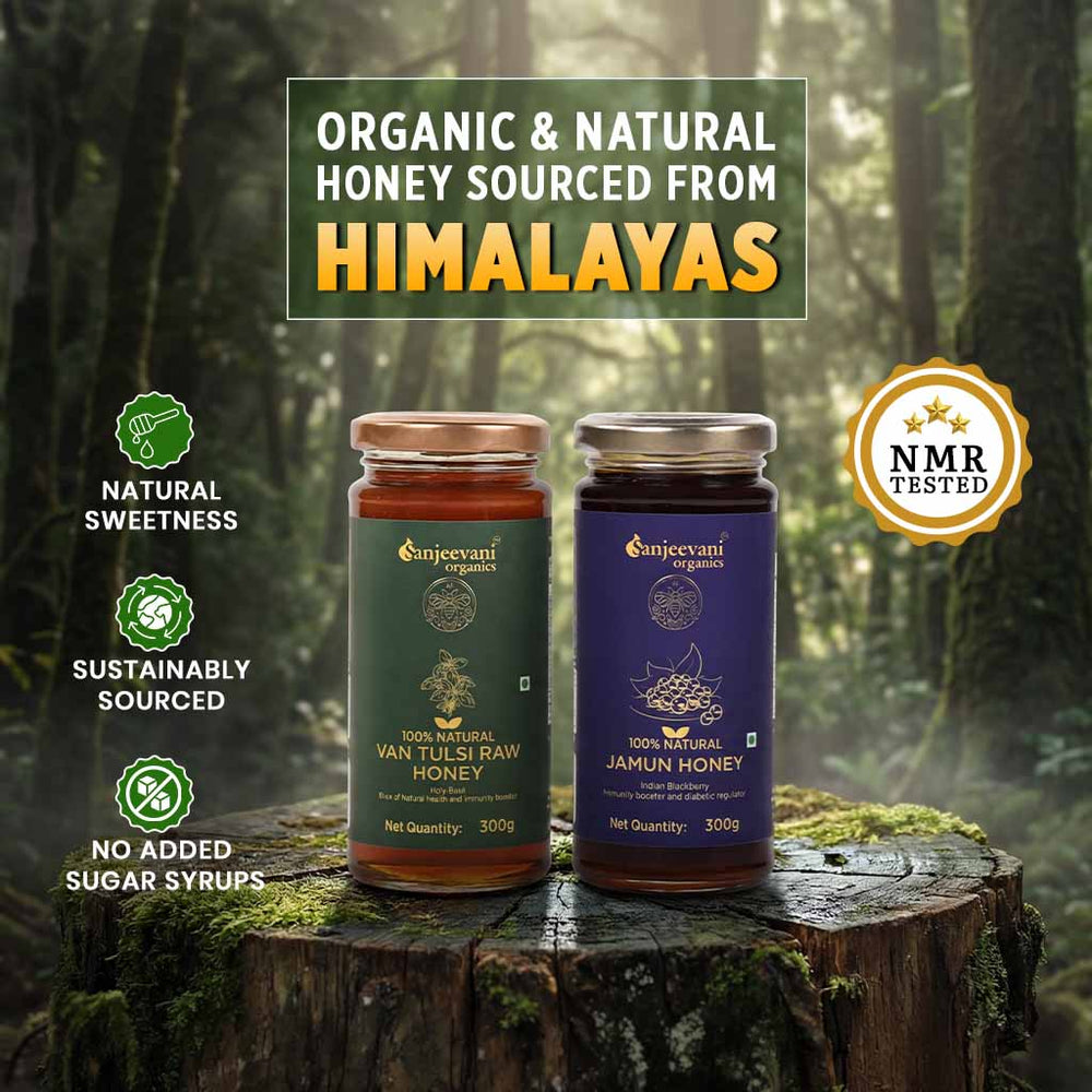 Barsana Magic and Two jars of honey on a wooden stump with a forest background, featuring text about organic and natural honey from the Himalayas.