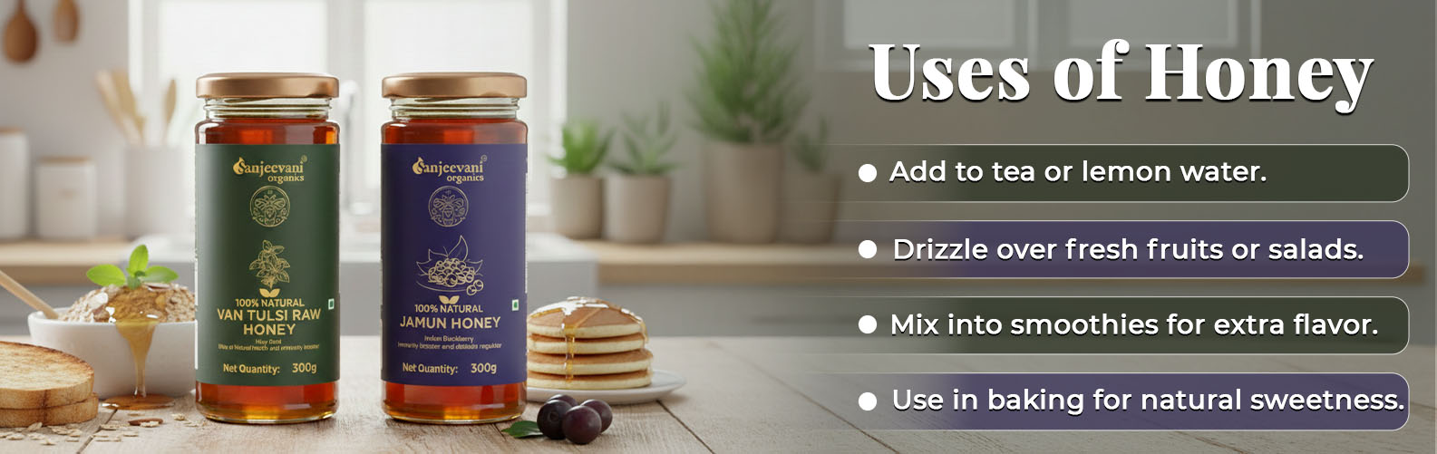 Barsana Magic and Two jars of honey with a list of uses on a wooden table.