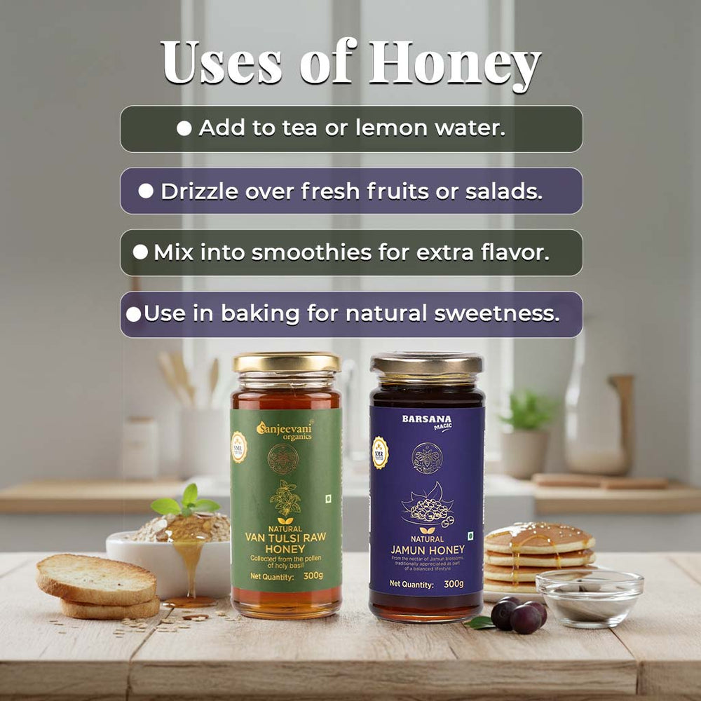 Barsana Magic and Two jars of honey on a table with text about honey uses.