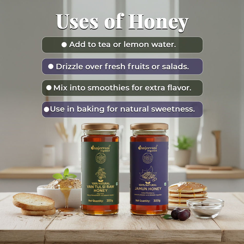 Barsana Magic and Two jars of honey with uses listed on a wooden table.