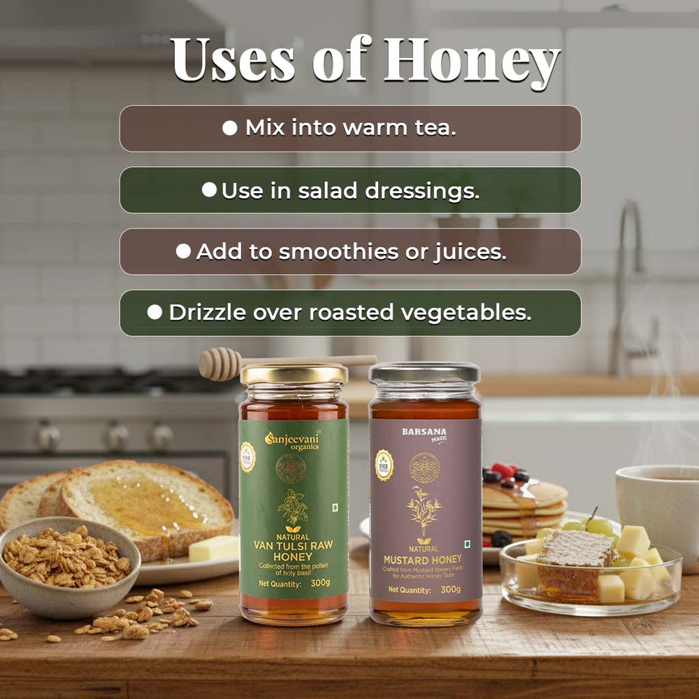 Barsana Magic and Two jars of honey on a kitchen counter with text about honey uses.