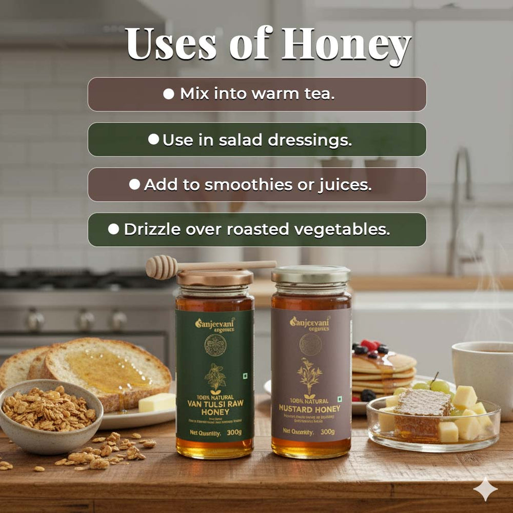 Barsana Magic and Two honey jars on a kitchen counter with text on their uses.