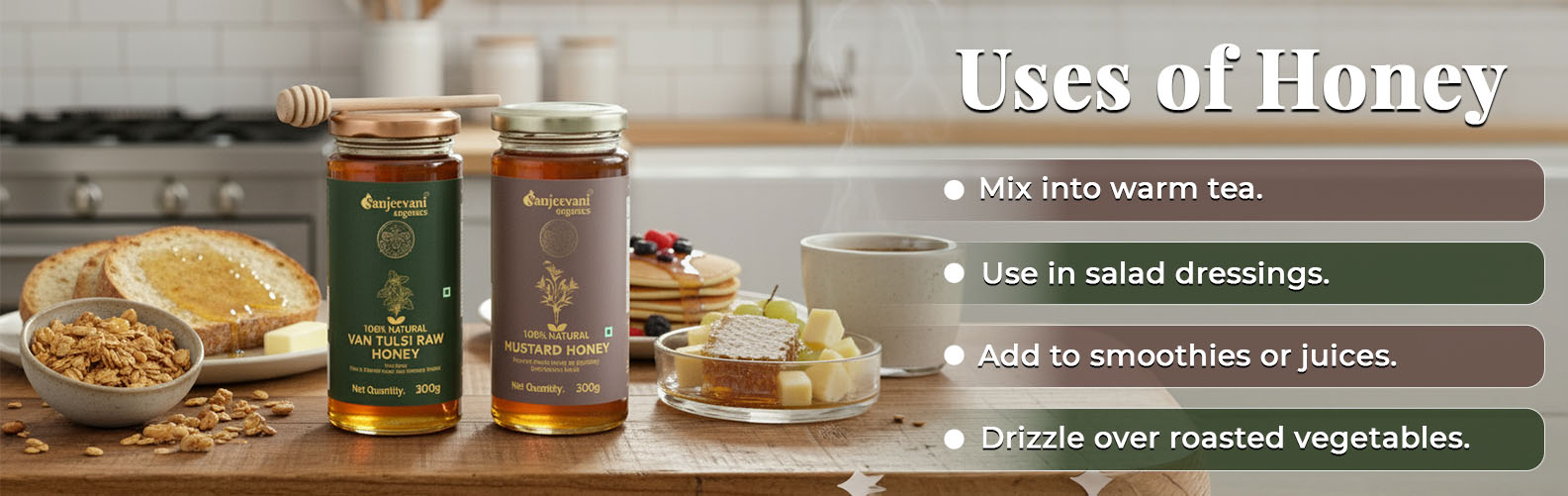 Barsana Magic and Honey products on a wooden table with kitchen background and text about honey uses.