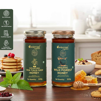 Barsana Magic and Two jars of Sanjeevani Organics honey on a kitchen counter with food items in the background.
