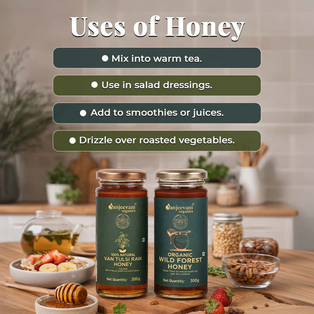 Barsana Magic and Three jars of honey on a kitchen counter with text about honey uses.