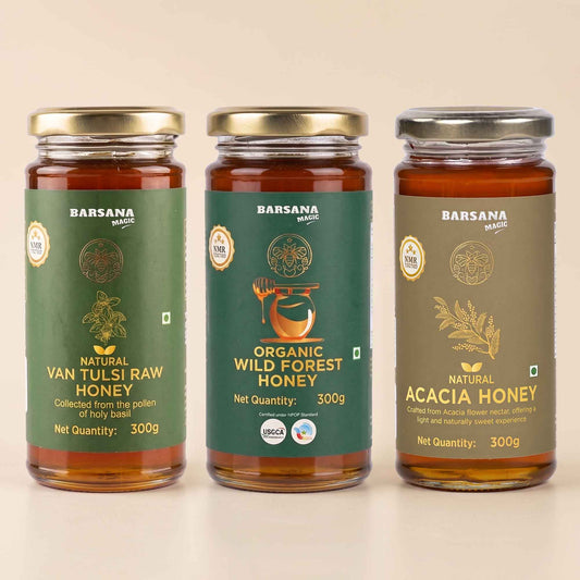 Organic Wild Forest Honey + Natural Van Tulsi Raw Honey + Acacia Honey (Pack of 3)