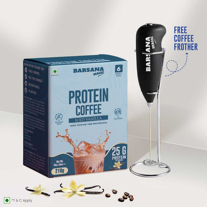 Barsana Magic and Protein Coffee package with a coffee frother on a white background
