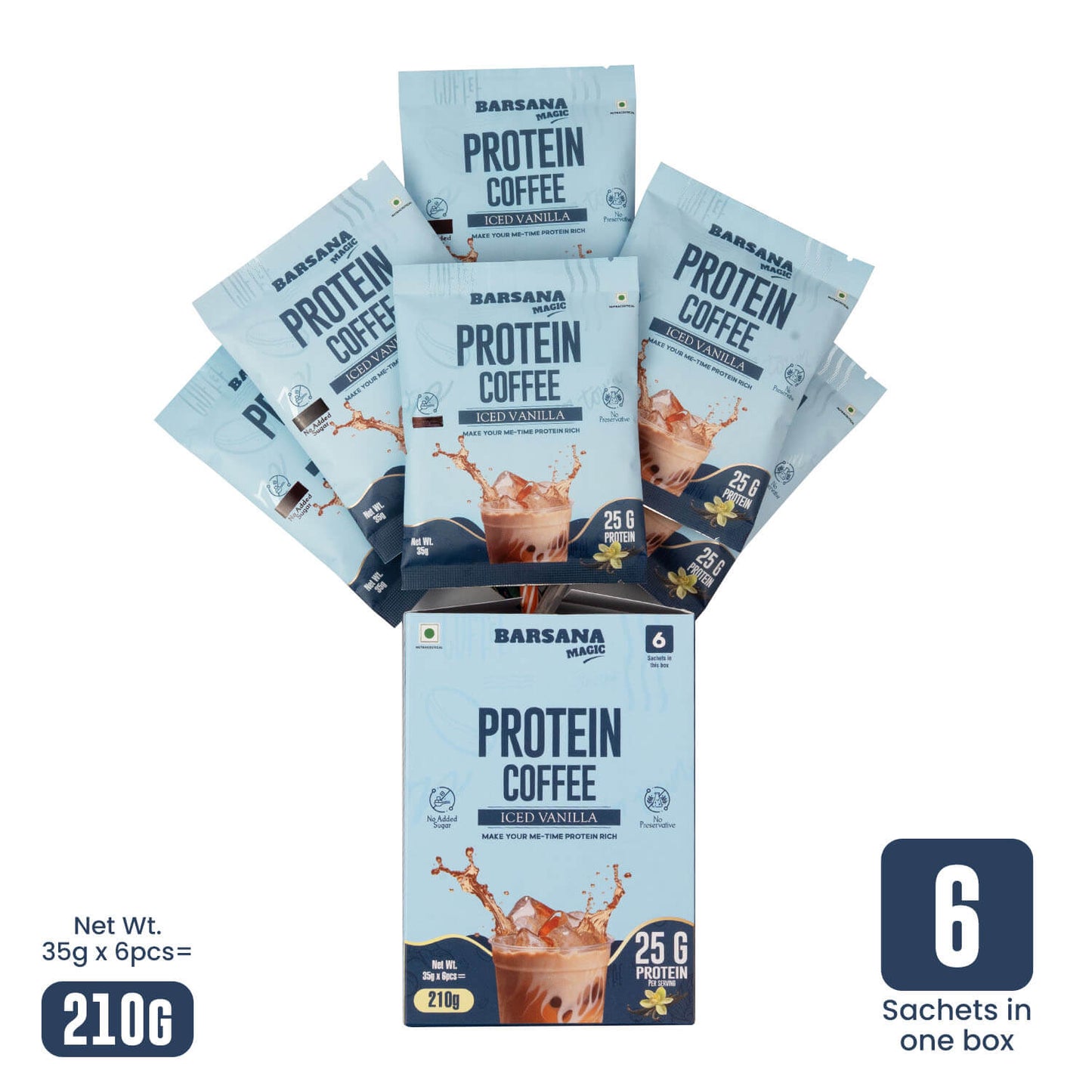 Barsana Magic and Protein Coffee packaging with multiple sachets on a white background