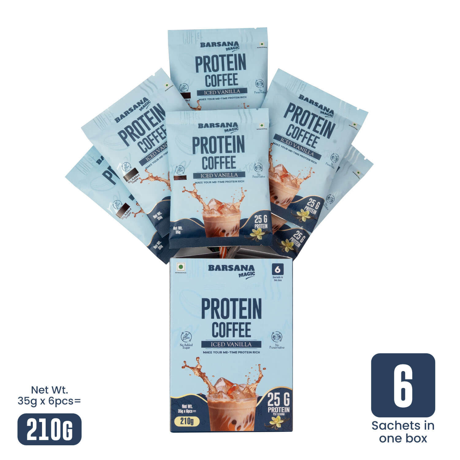 Barsana Magic and Protein Coffee packaging with multiple sachets on a white background