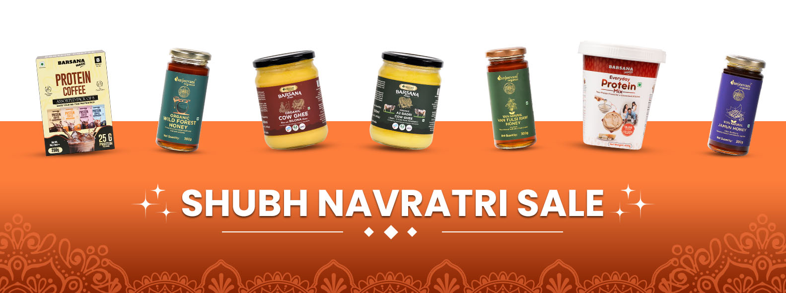 Barsana Magic and collection of assorted pack protein coffee and organic  wild forest honey, natural van tulsi honey, natural  jamun honey and cow ghee and a2 badri cow ghee and everyday protein mix in one frame