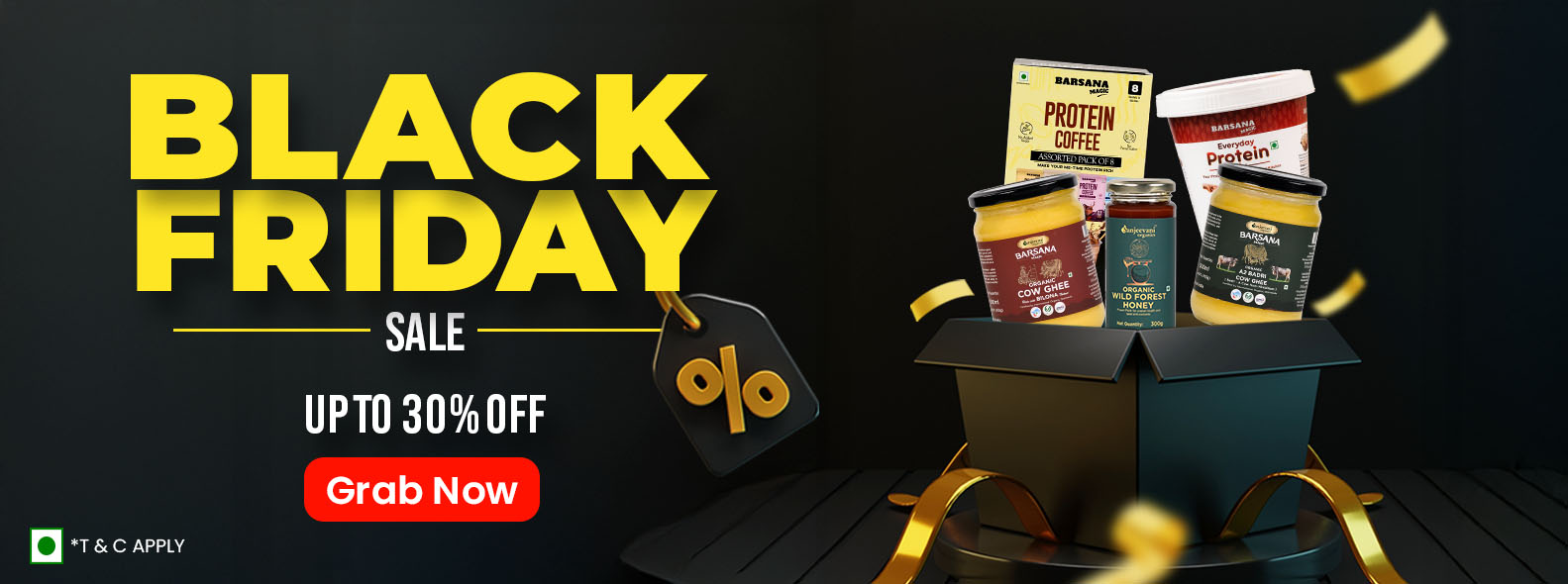 Barsana Magic and Black Friday sale advertisement with products spilling out of a box on a dark background