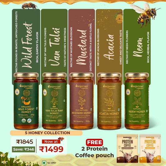 Barsana Magic and Collection of honey jars with labels and promotional text on a light green background