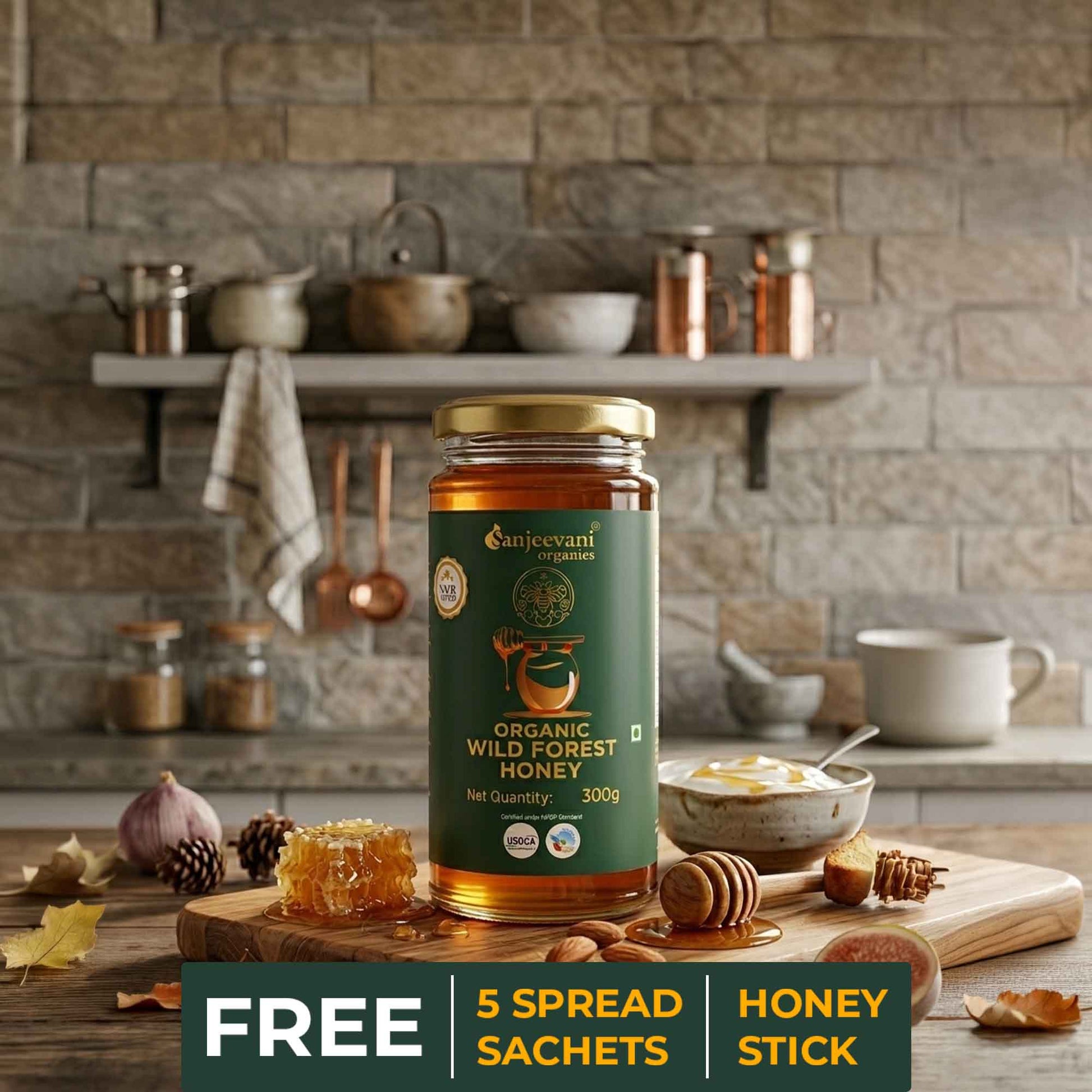 Barsana Magic and Jar of organic wild forest honey with promotional text in a kitchen setting