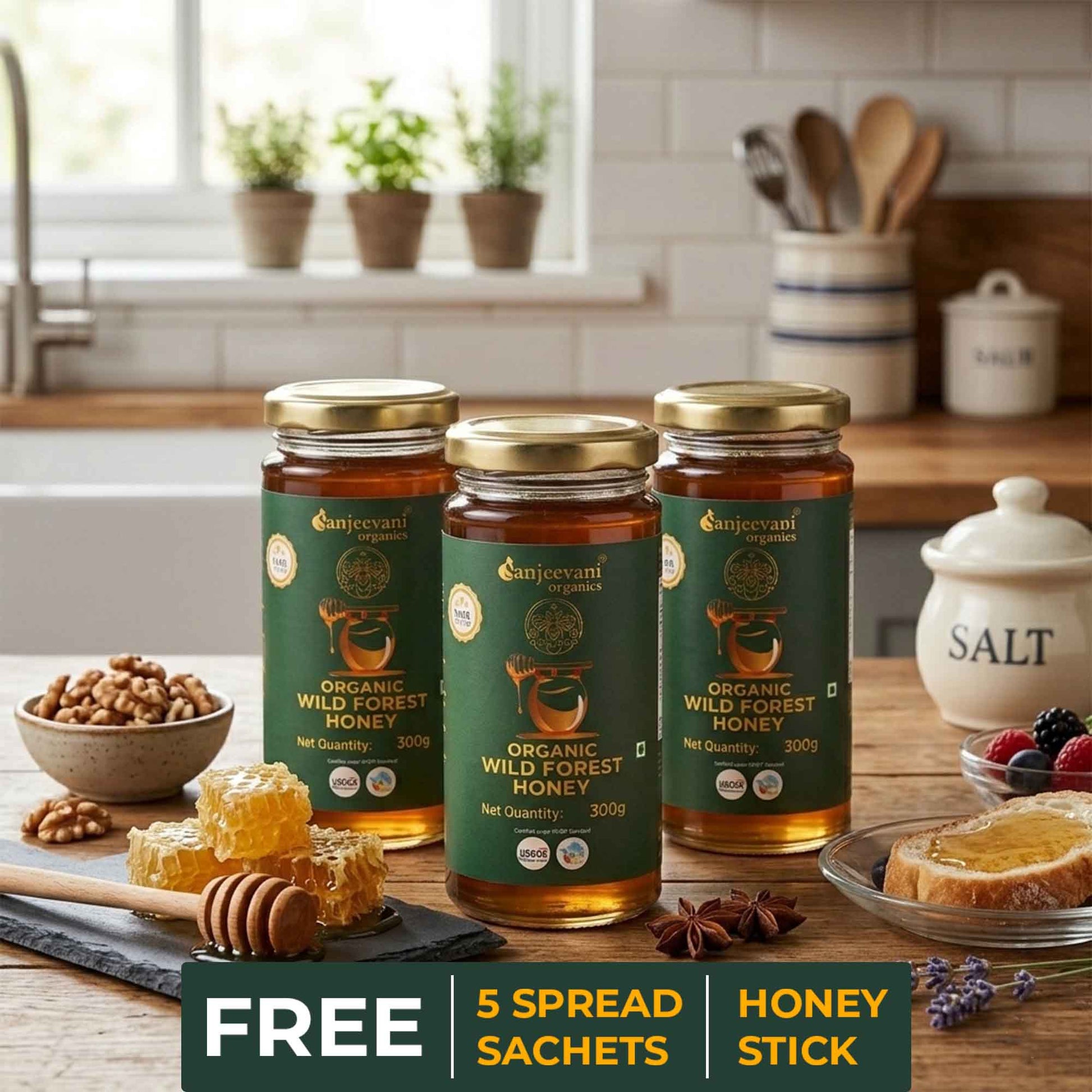Barsana Magic and Three jars of organic wild forest honey on a kitchen counter with a salt container and bread in the background.