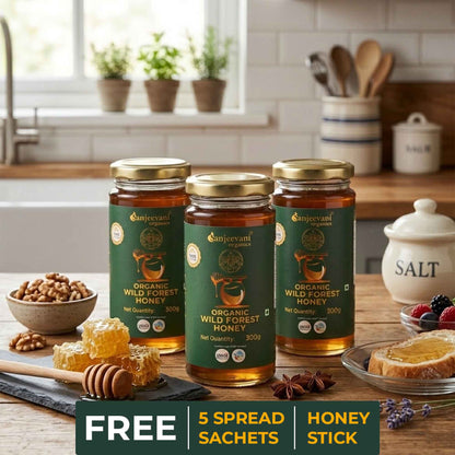 Barsana Magic and Three jars of organic wild forest honey on a kitchen counter with a salt container and bread in the background.