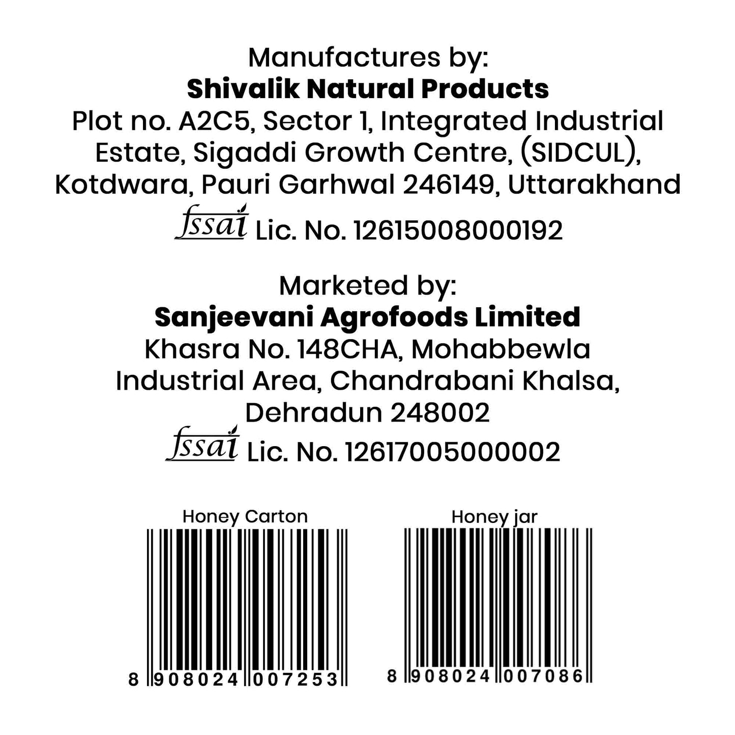 Barsana Magic and Back label with Shivalik Natural Products and Sanjeevani Agrofoods Limited details and barcodes.