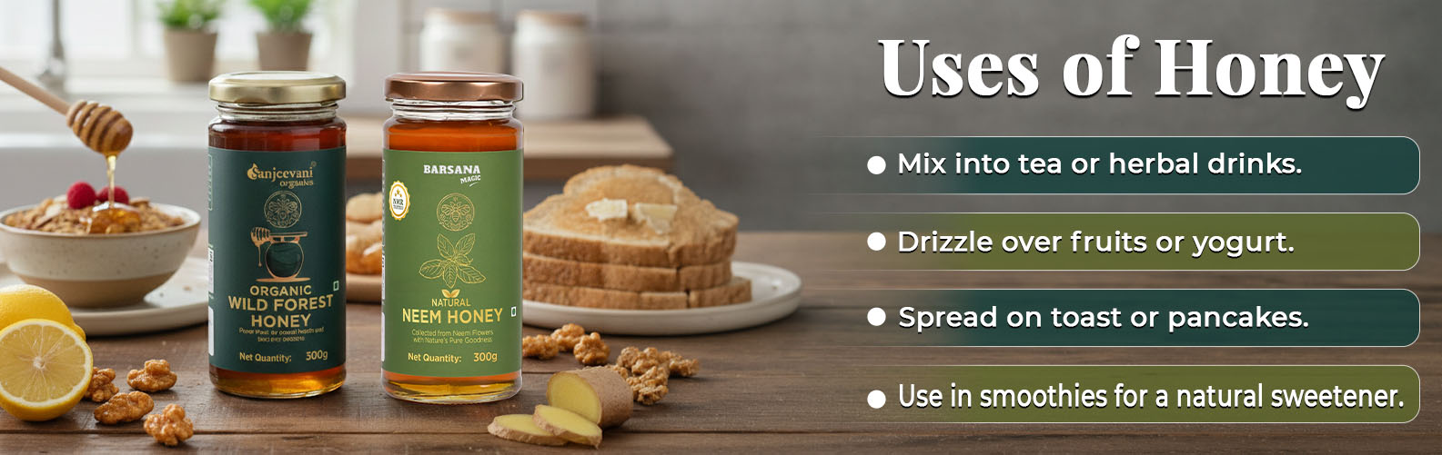 Barsana Magic and Two jars of honey with a list of uses on a wooden table.