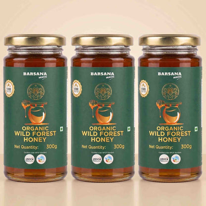 Barsana Magic and Three glass jars of Barsana Organic Wild Forest Honey with gold lids and dark green labels, arranged side by side on a light beige background.