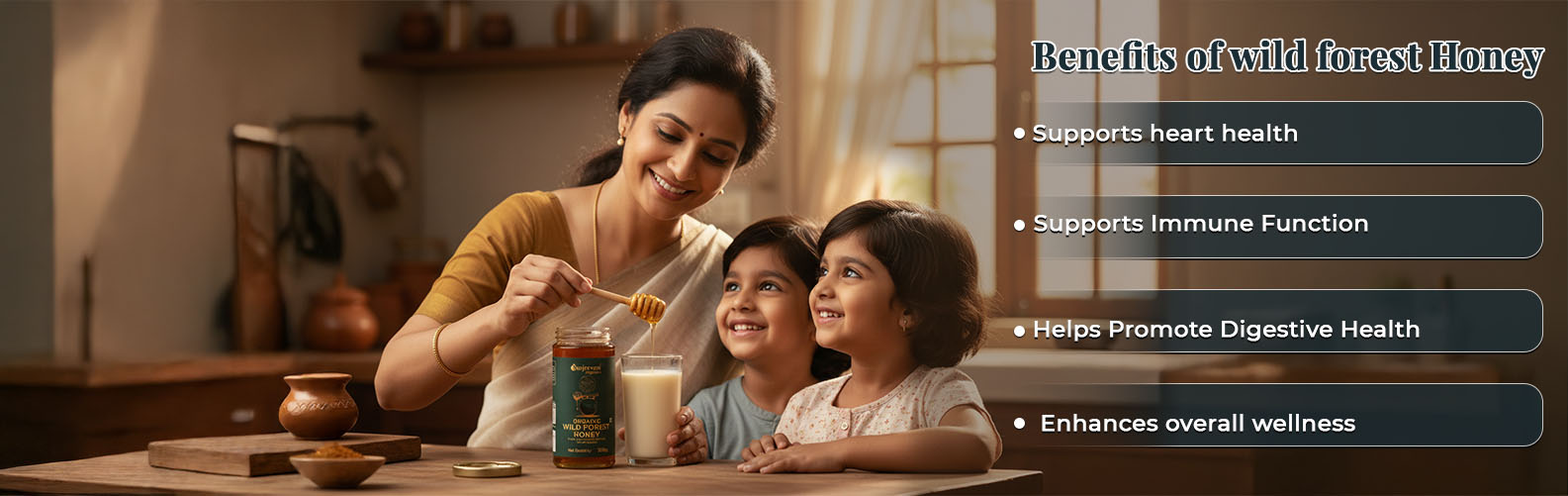 Barsana Magic and Woman and children at a table with honey and a jar, benefits of wild forest honey listed.