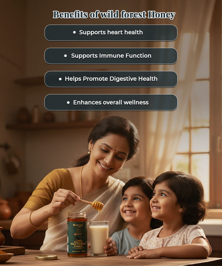 Barsana Magic and Woman and children in a kitchen with a jar of honey and a glass of milk, highlighting the benefits of wild forest honey.