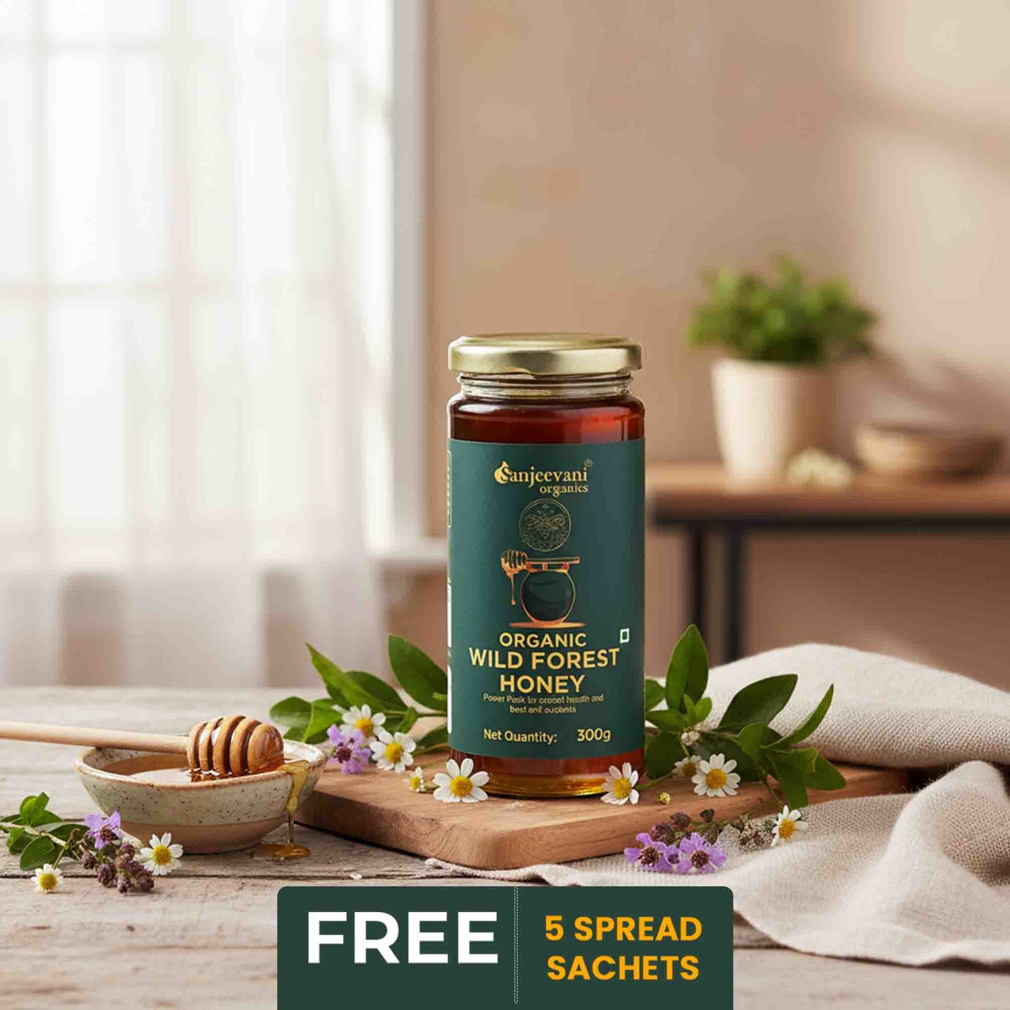 Barsana Magic and Jar of organic wild forest honey on a wooden table with flowers and a honey dipper.