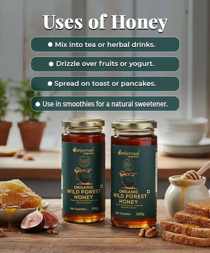 Barsana Magic and Two jars of organic wild forest honey with uses listed above on a kitchen counter.