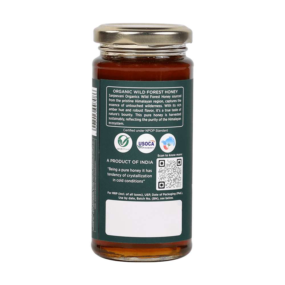 Pure Organic Wild Forest Honey in a 300g jar, showcasing its golden, rich texture from untouched, pristine forests.