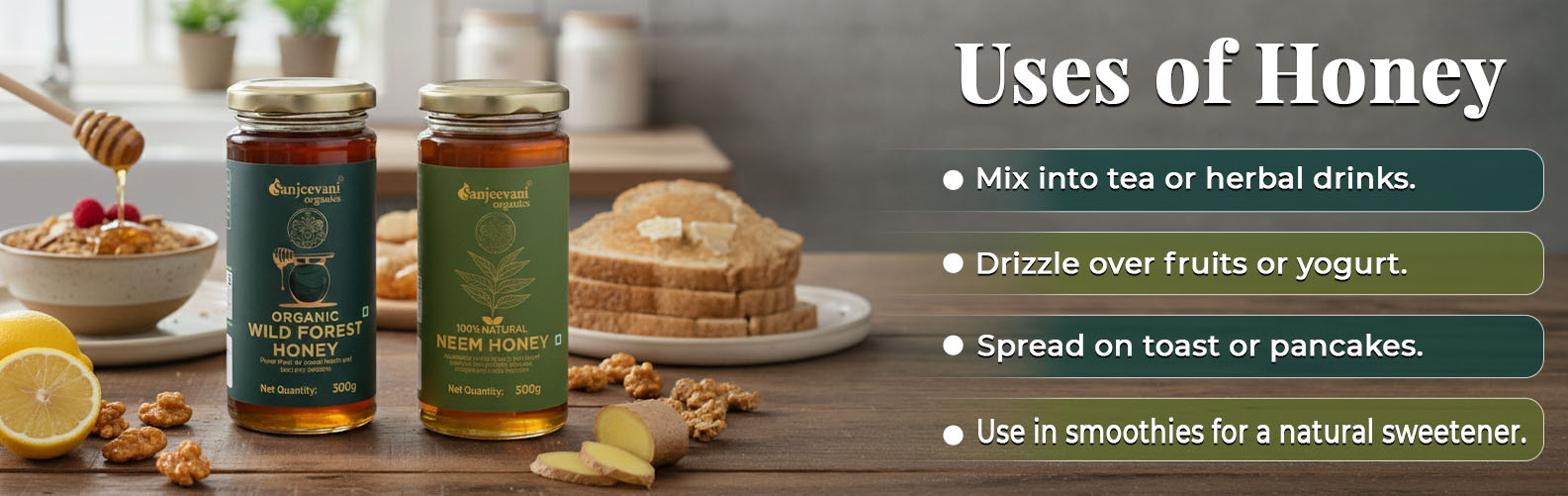 Barsana Magic and Two jars of honey with a wooden background displaying uses of honey.