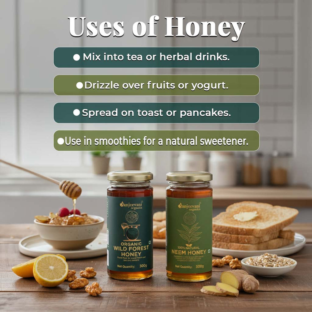 Barsana Magic and Two jars of honey on a kitchen counter with text on uses of honey.