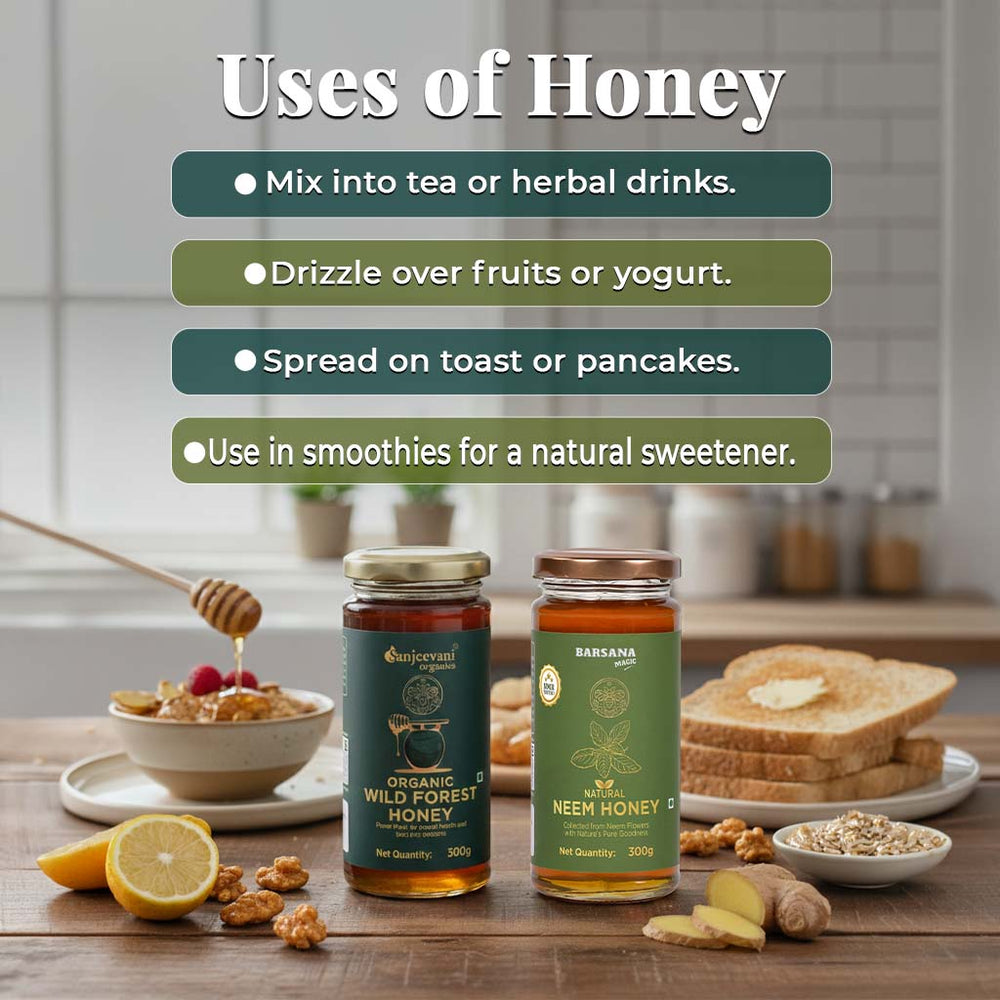 Barsana Magic and Two jars of honey on a kitchen counter with text on uses of honey.