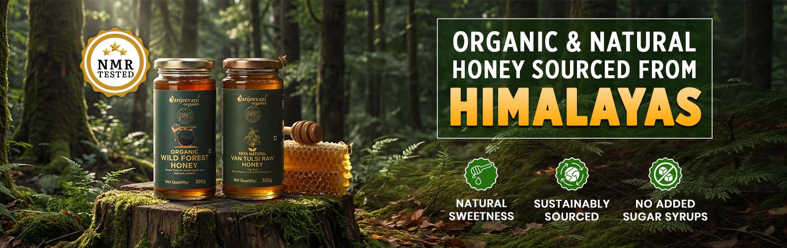 Barsana Magic and Two jars of honey on a tree stump with a forest background and text about organic and natural honey from the Himalayas.