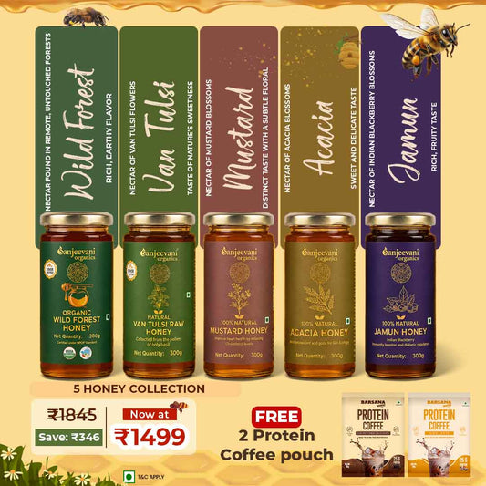 Barsana Magic and Collection of honey jars with labels and a promotional banner on a beige background